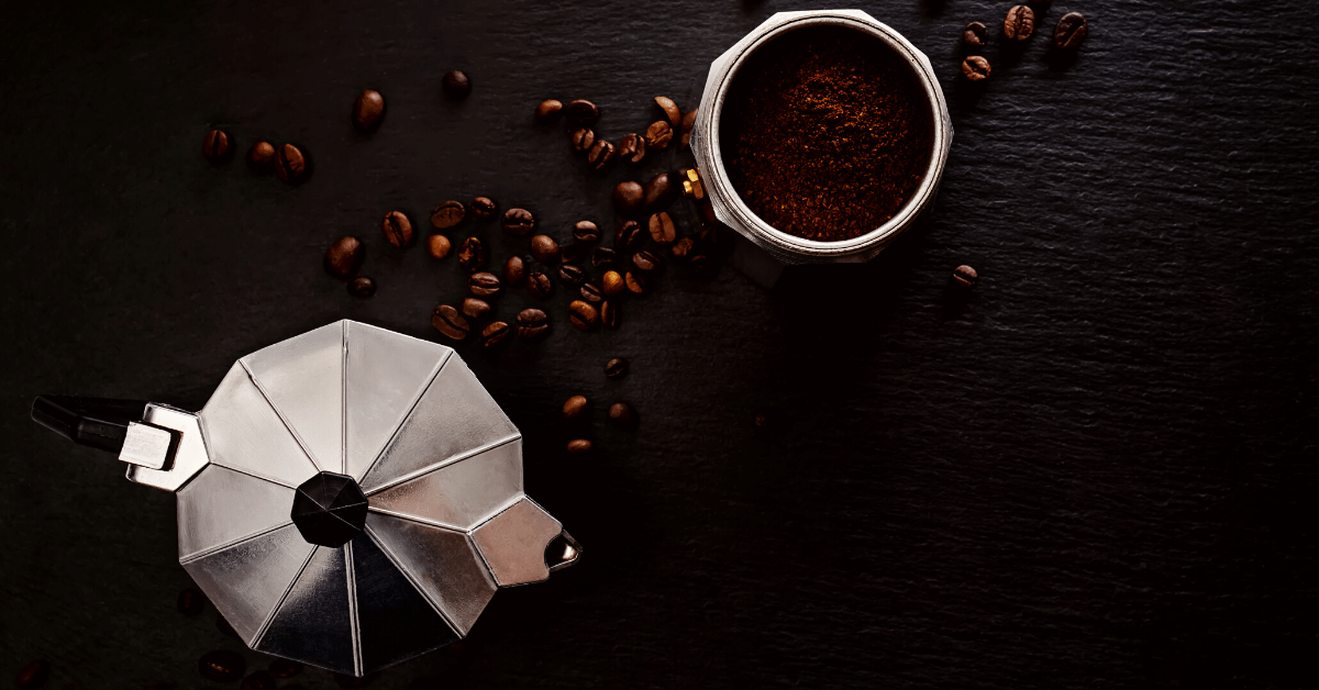 moka pot and coffee beans